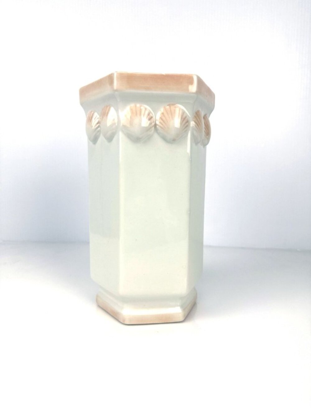 ROSENTHAL NETTER MCM Seashell Embossed Hexagonal White Pink Vase Italy 8